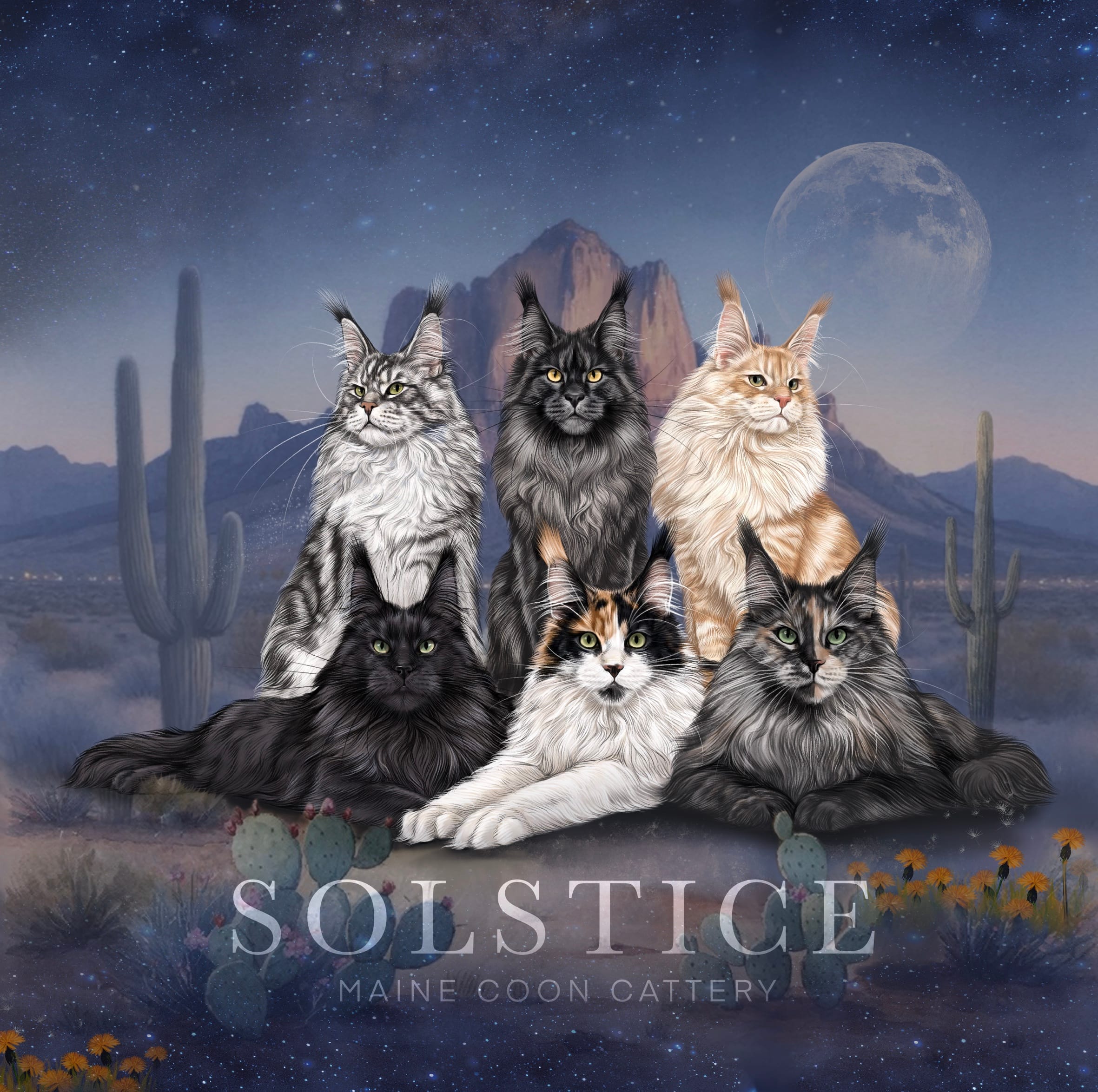 Solstice Maine Coon cattery cat illustration Maine Coon sires and queens in arizona