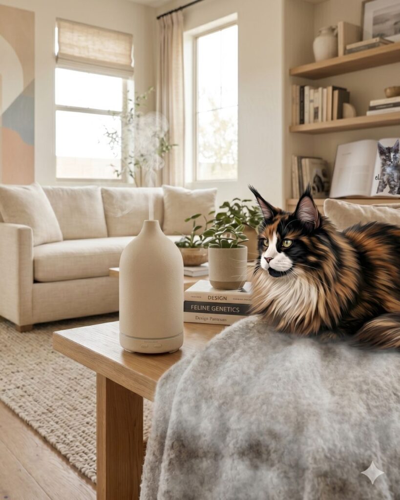 3 A watchful calico Maine Coon from Solstice Cats near Phoenix, Arizona sits safely several feet away on a textured cream blanket while a modern white ceramic diffuser actively mists on a wood side table. The image highlights potential essential oil hazards.