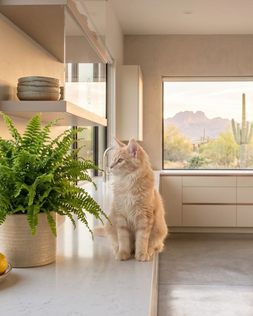 cat hazards Wide landscape view of a modern Solstice Cats kitchen in Queen Creek, Arizona. A curious cream-peach Maine Coon kitten stands on the countertop next to a cat-safe Boston Fern, highlighting the importance of vertical kitten-proofing.