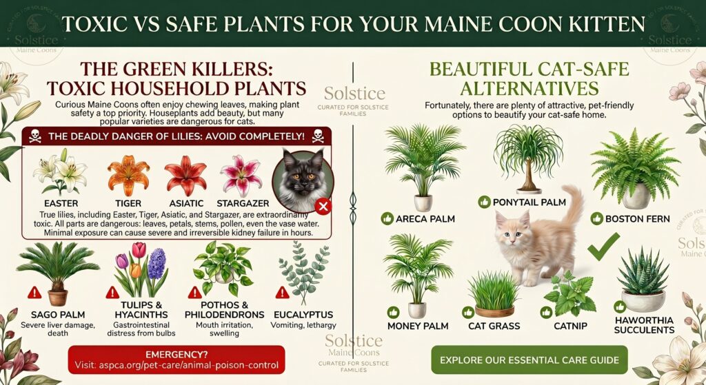 plants toxic to cats infographic Toxic vs Safe Plants for Your Maine Coon Kitten infographic by Solstice Maine Coons. Features a side-by-side comparison of toxic household plants like Lilies, Sago Palms, and Pothos alongside beautiful cat-safe alternatives like Areca Palms, Boston Ferns, and Haworthia succulents, featuring real Solstice Maine Coon cats near Phoenix, Arizona.