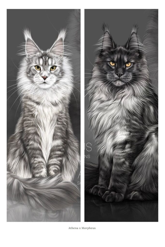 Athena x Morpheus Solstice Maine Coons black smoke and silver ticked litter in Queen Creek, Arizona.